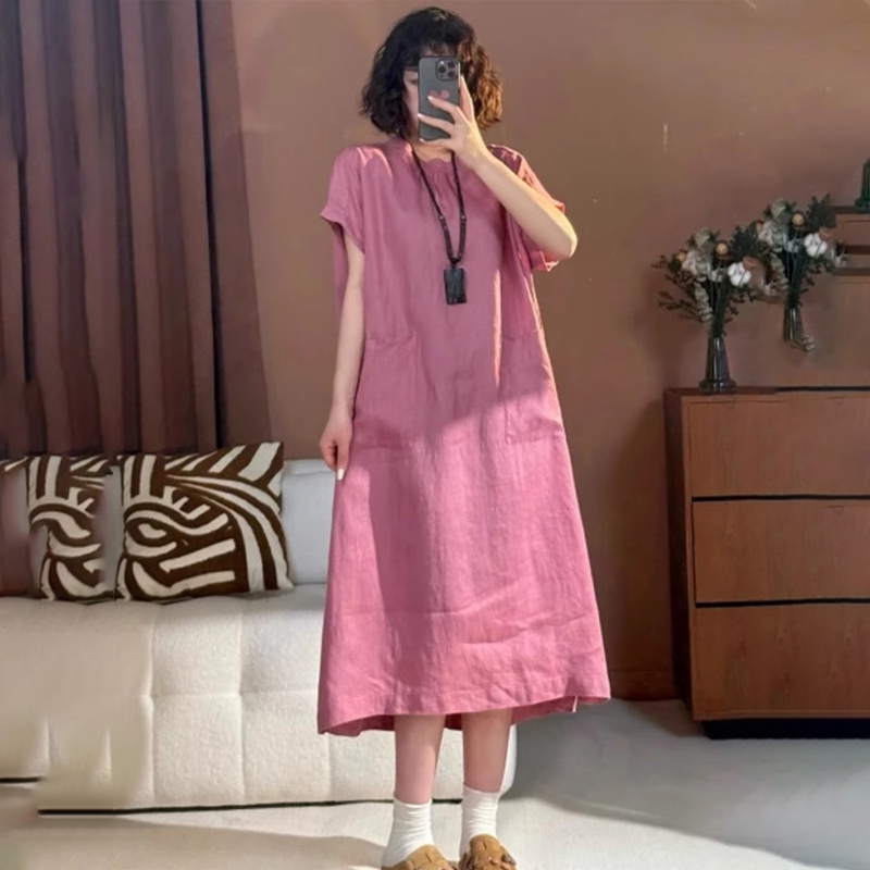 口袋亞麻連衣裙