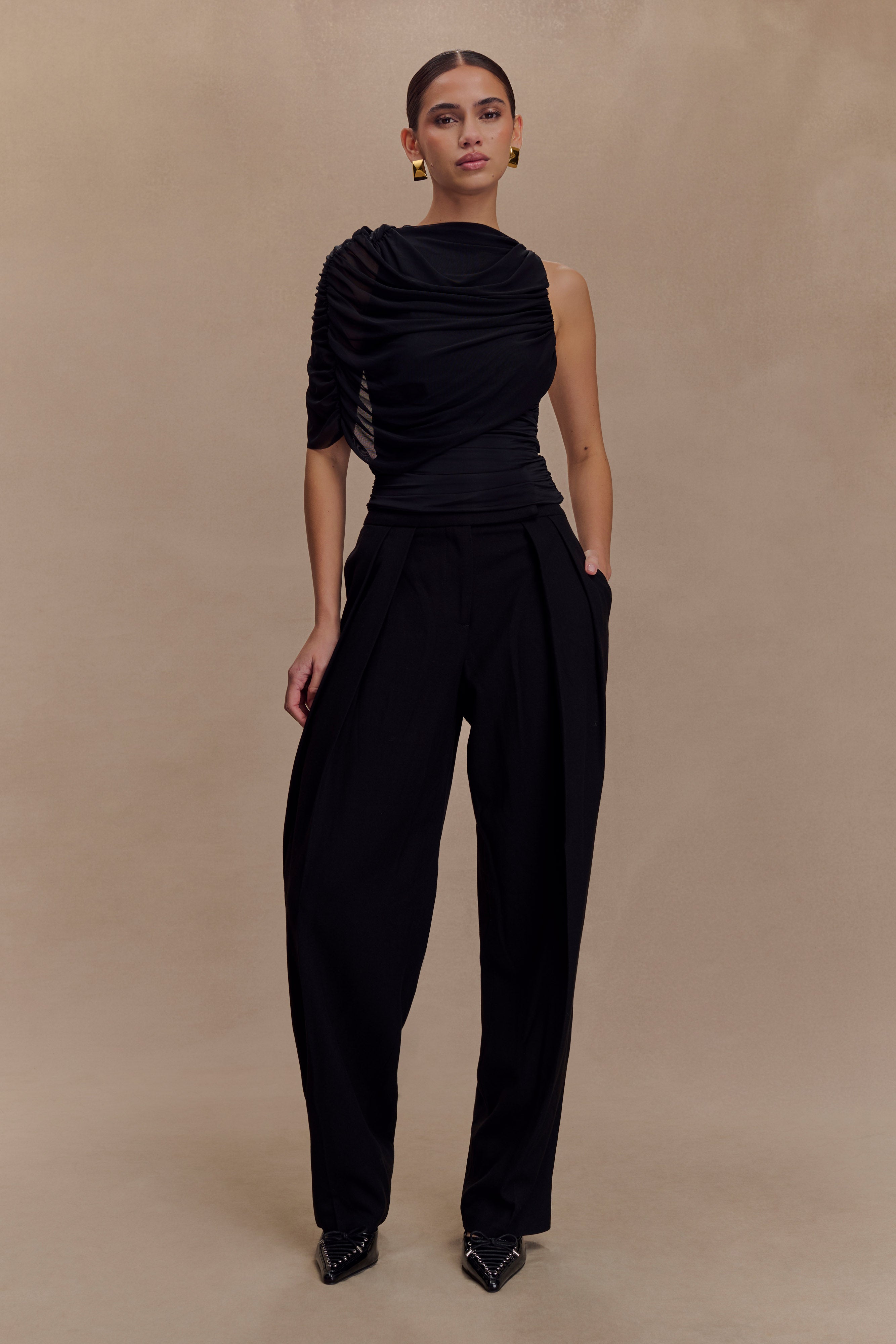 Pruedance Slinky Draped Top With Mesh Overlay - Black