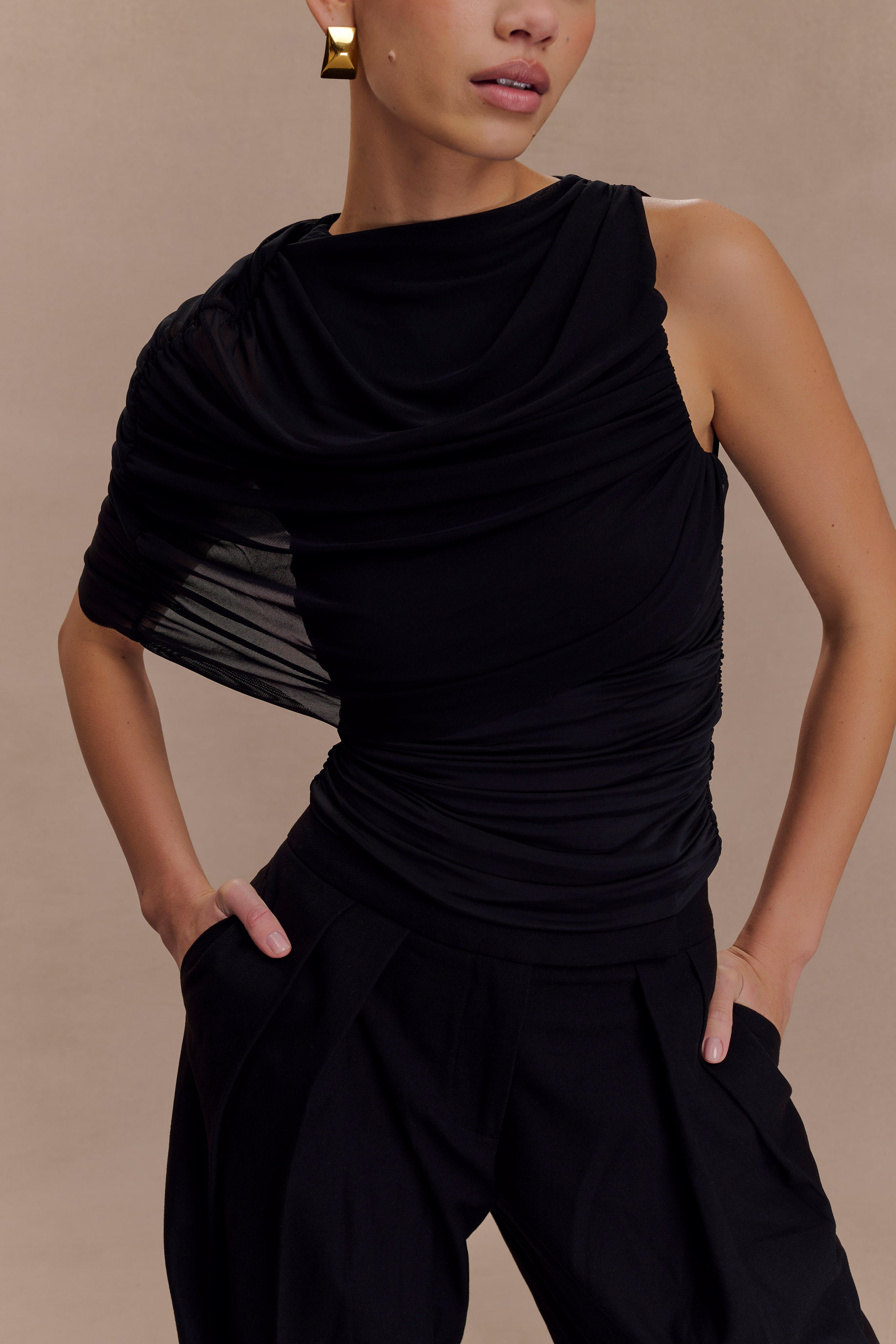 Pruedance Slinky Draped Top With Mesh Overlay - Black