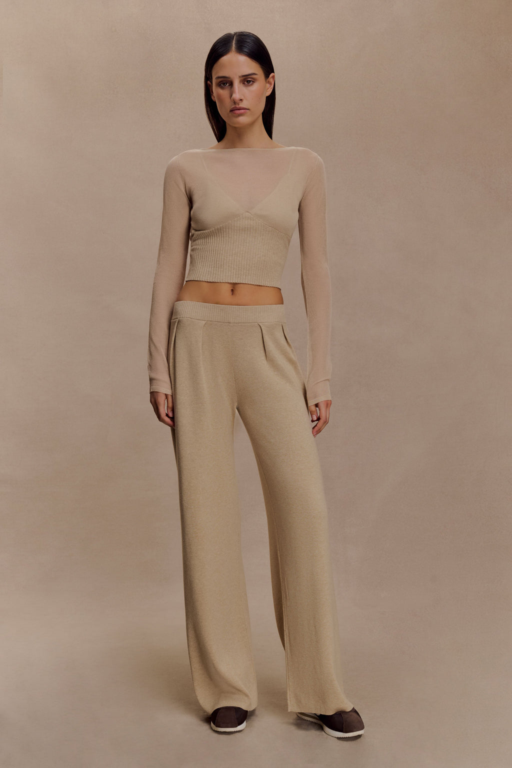 Frannie Gathered Silk Blend Knit Pants - Sand