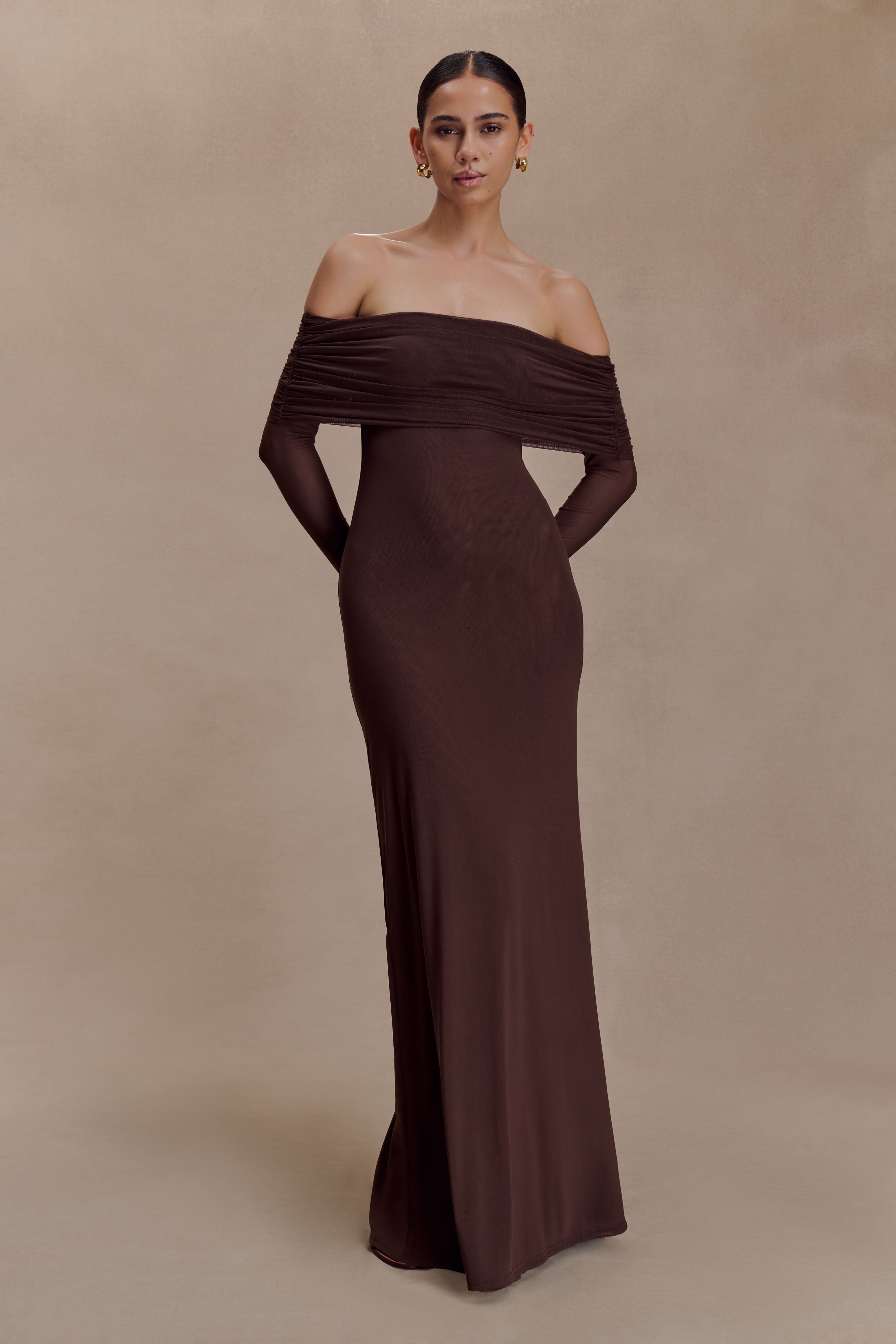 Josie Off Shoulder Mesh Maxi Dress - Dark Brown
