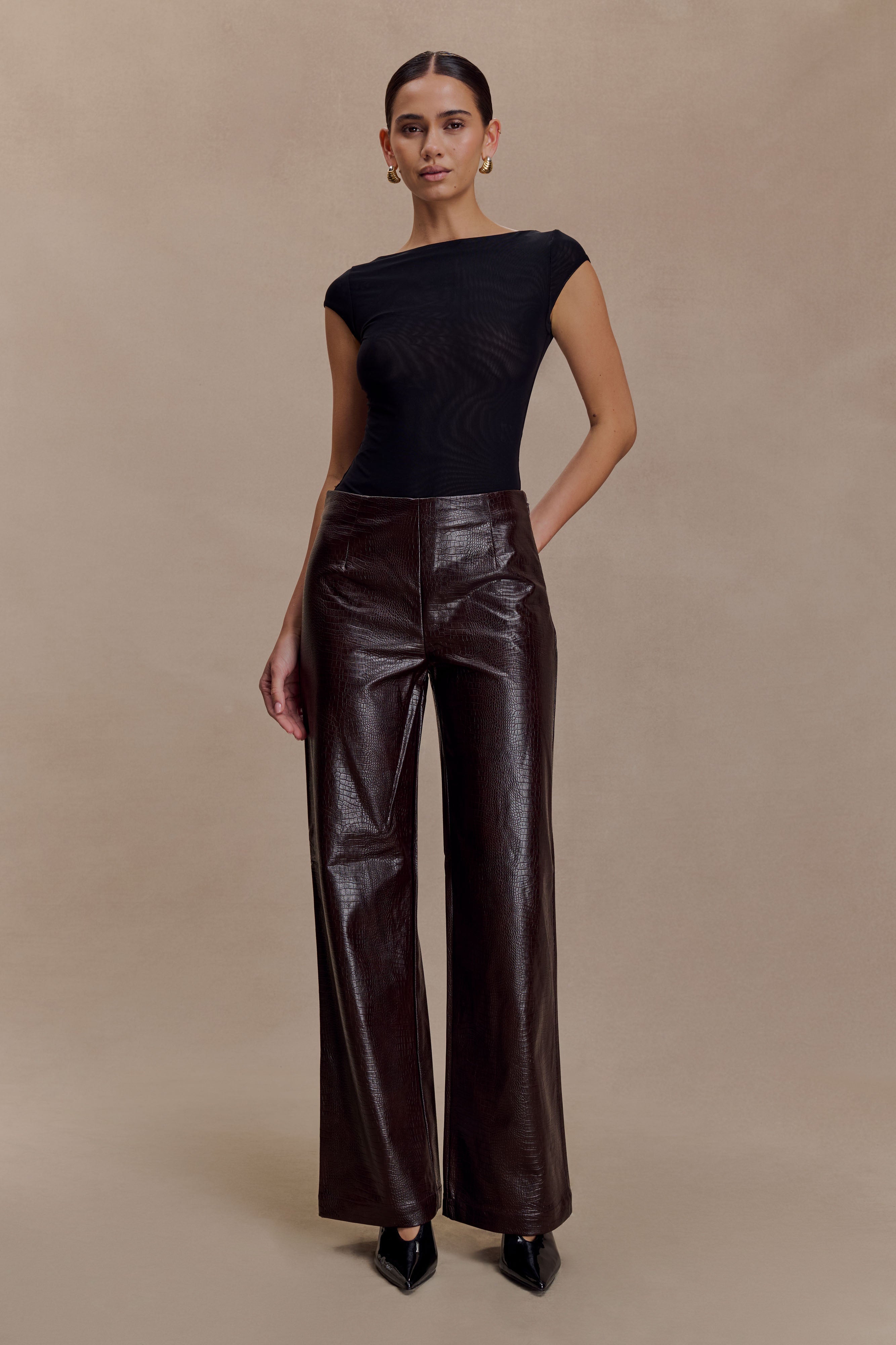 Henry Croc Faux Leather Straight Leg Pants - Dark Chocolate