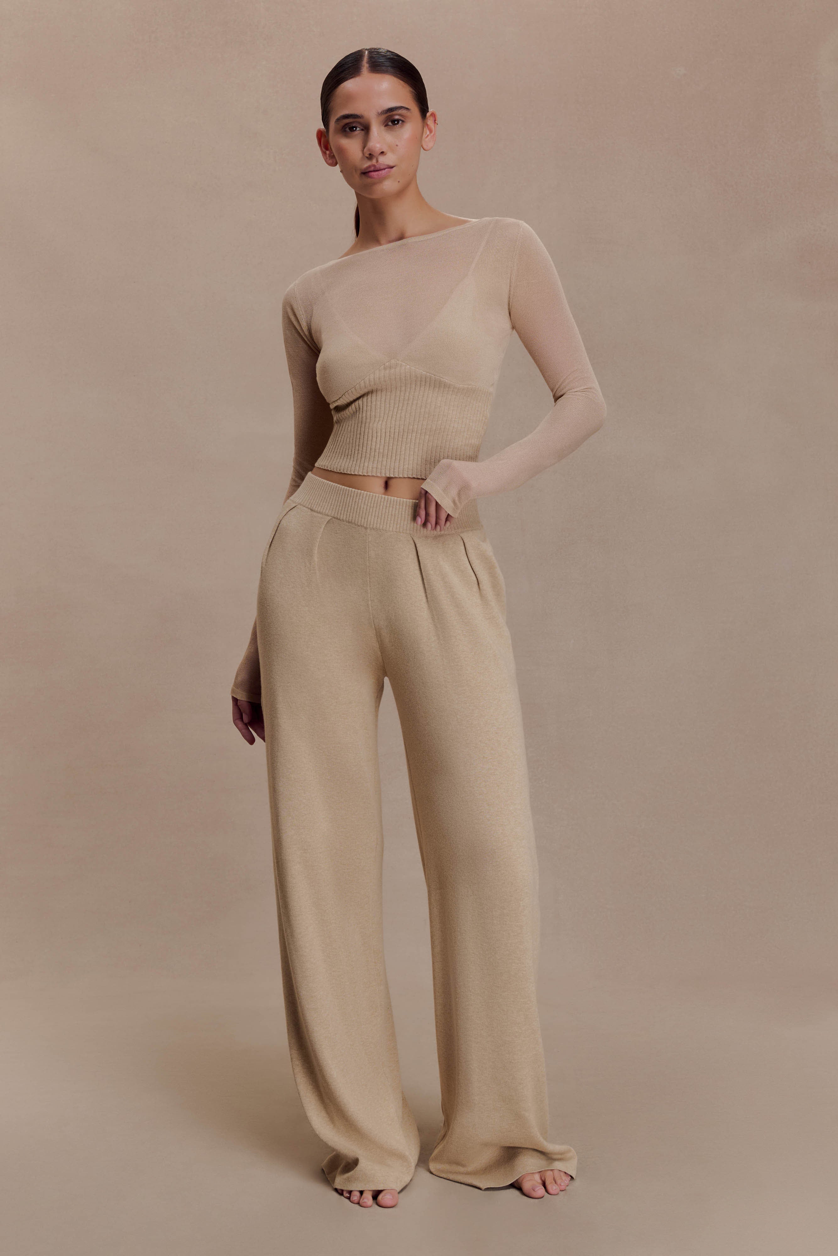 Frannie Gathered Silk Blend Knit Pants - Sand