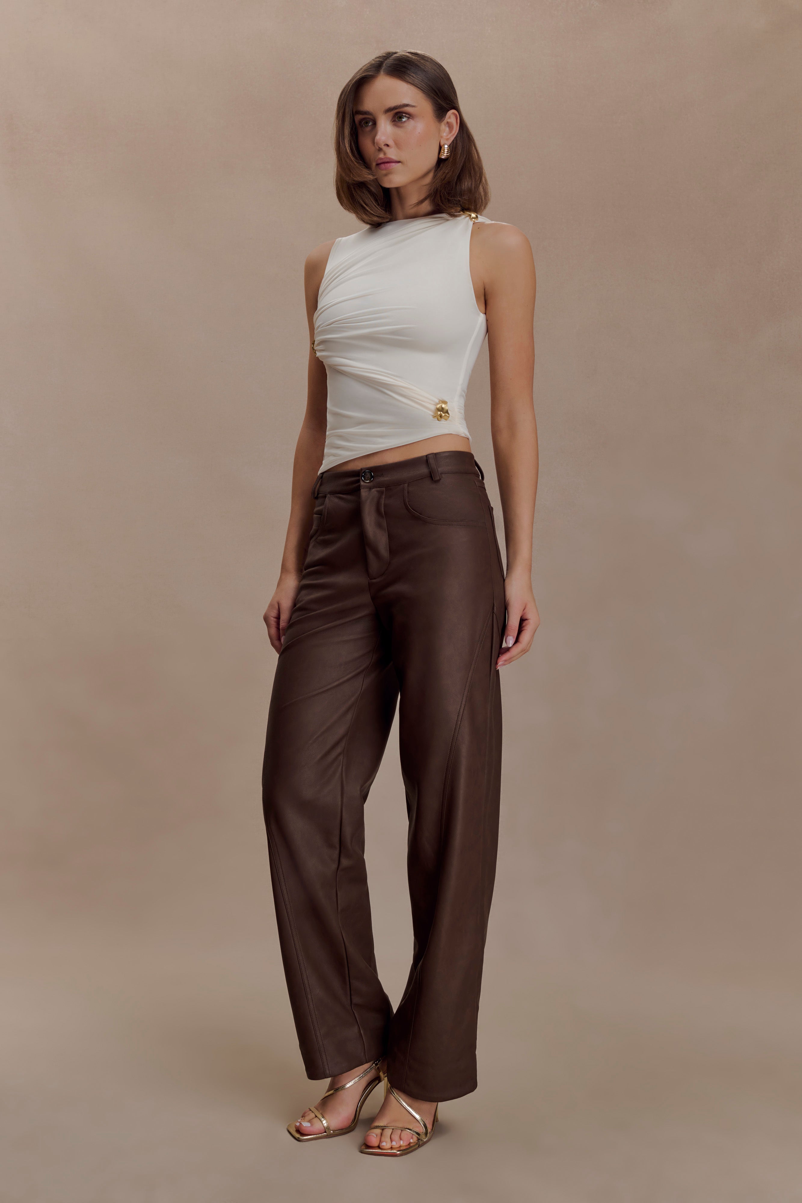 Theo Faux Leather Mid Rise Pants - Dark Chocolate