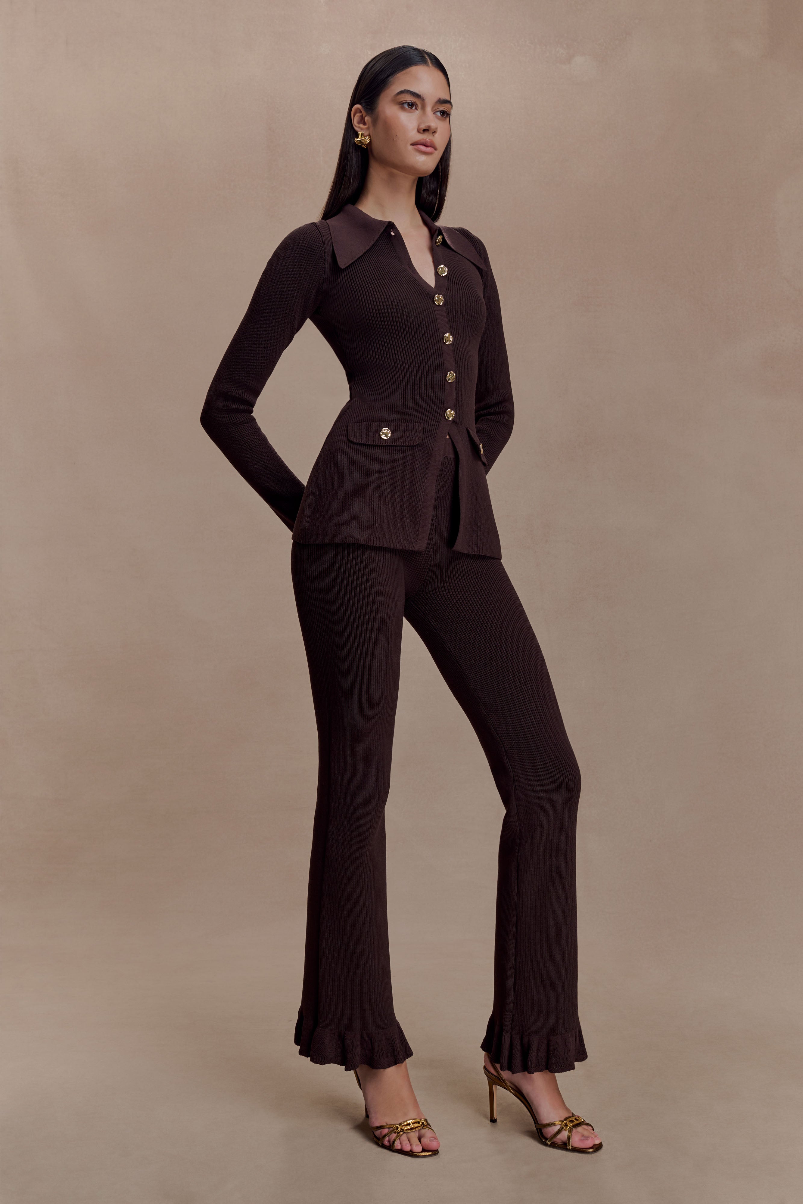 Suzie Ribbed Flared Pants - Chocolate