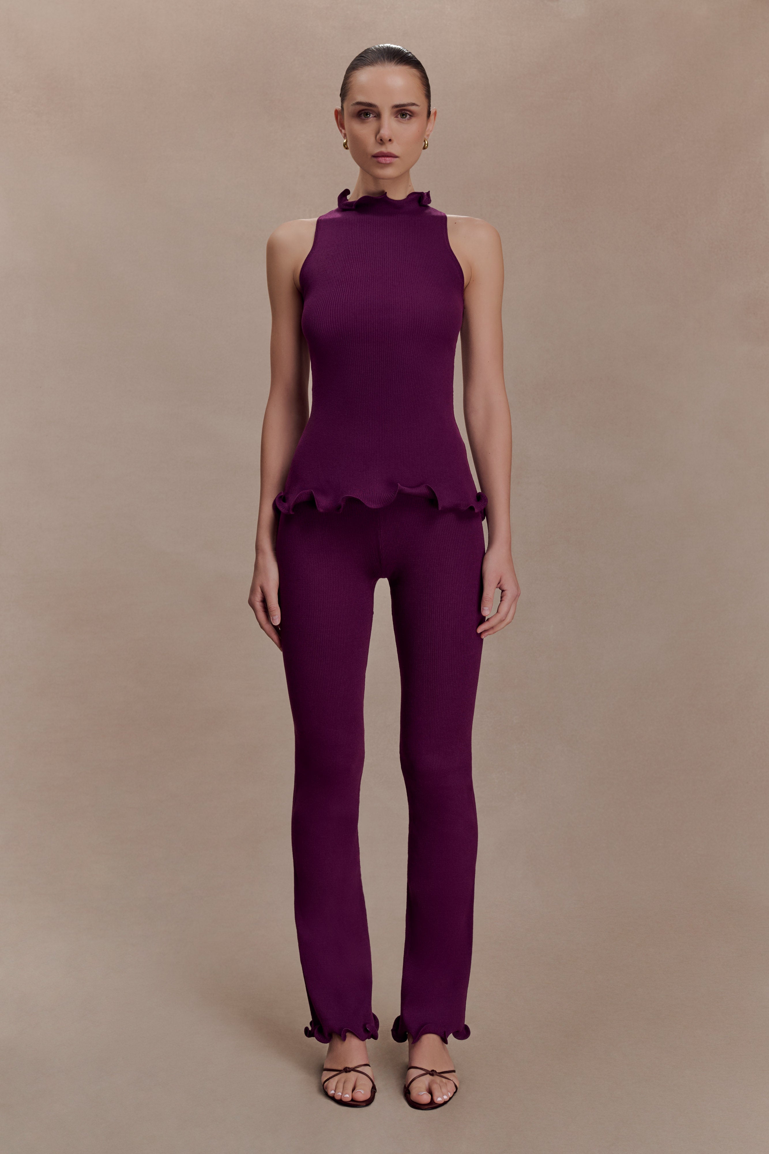 Diya Ribbed High Waisted Pants With Wire Hem - Plum