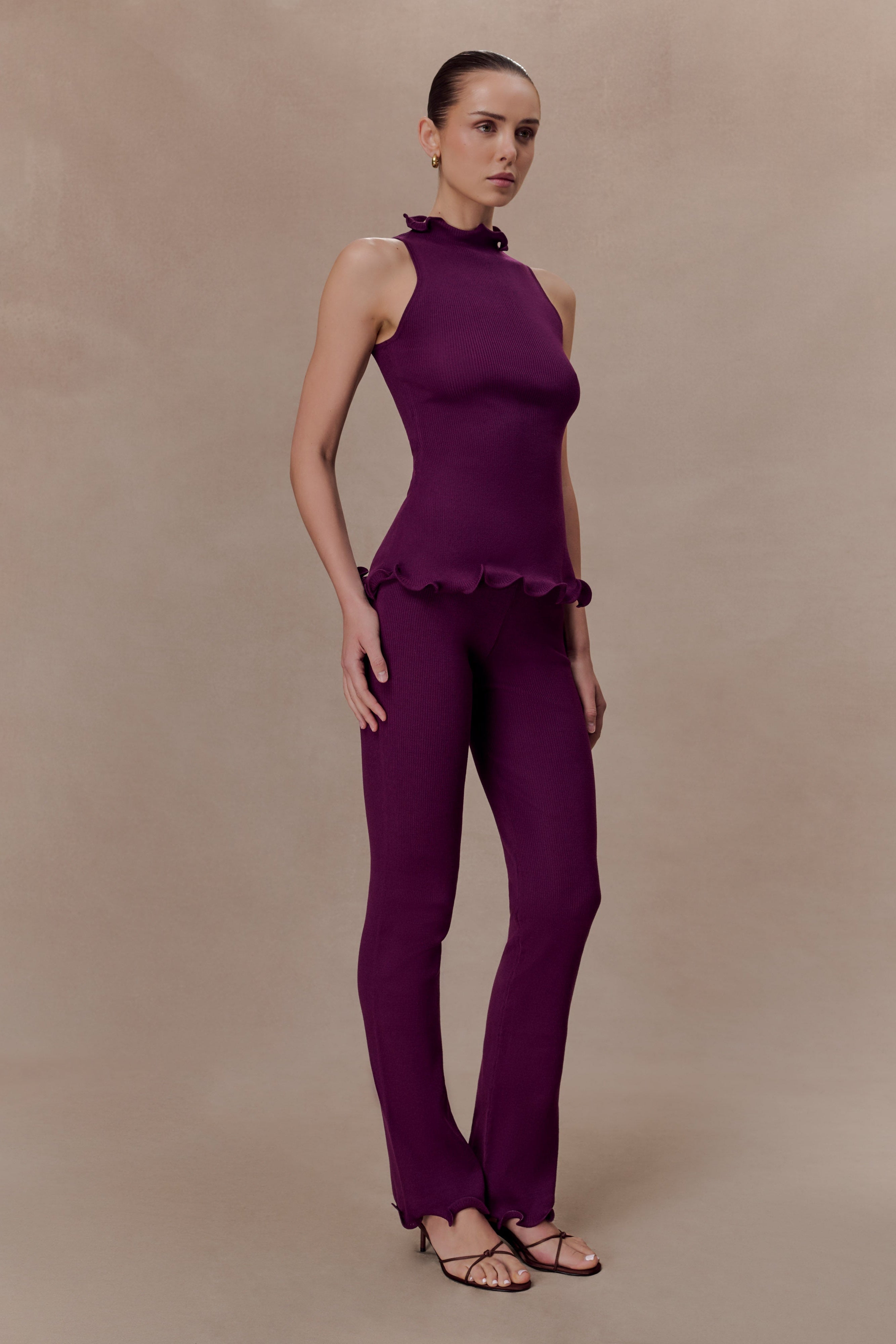 Diya Ribbed High Waisted Pants With Wire Hem - Plum