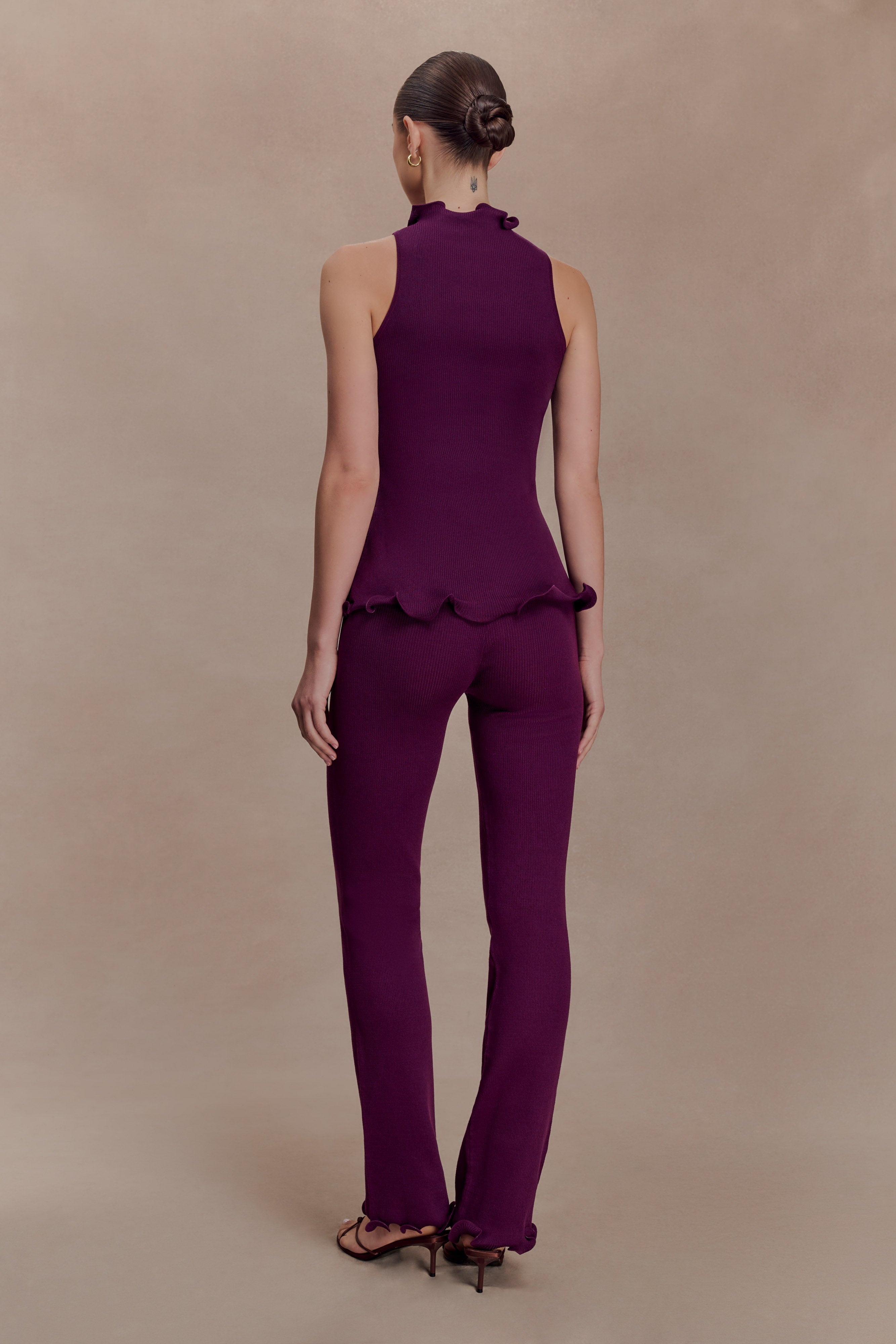 Diya Ribbed High Waisted Pants With Wire Hem - Plum