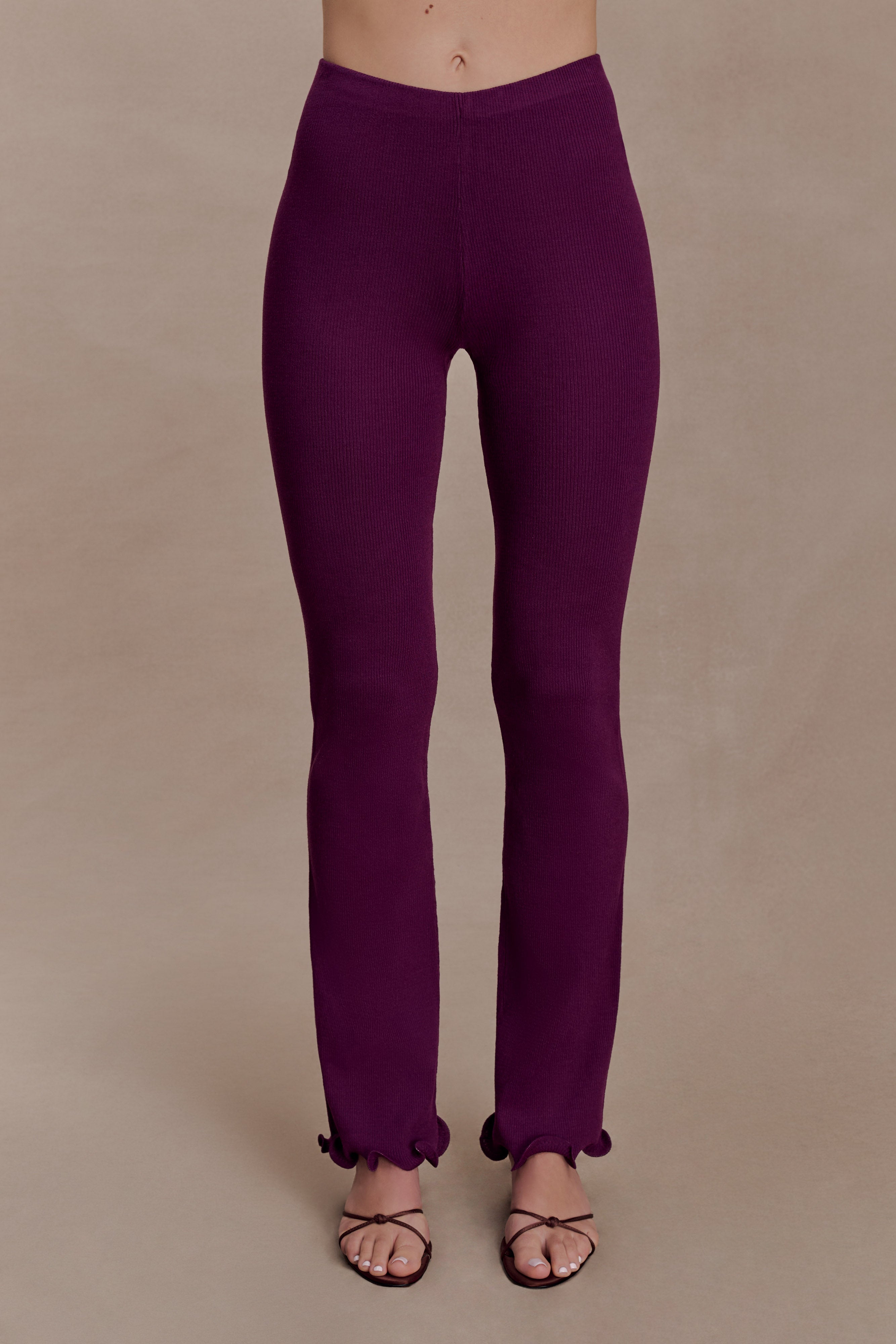 Diya Ribbed High Waisted Pants With Wire Hem - Plum